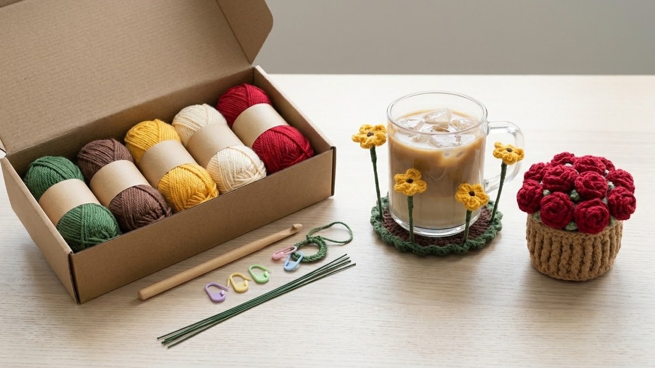 Open DIY Kit Box showing 5 matte cotton yarn skeins, birch hooks, floral stem wires, and stitch markers
