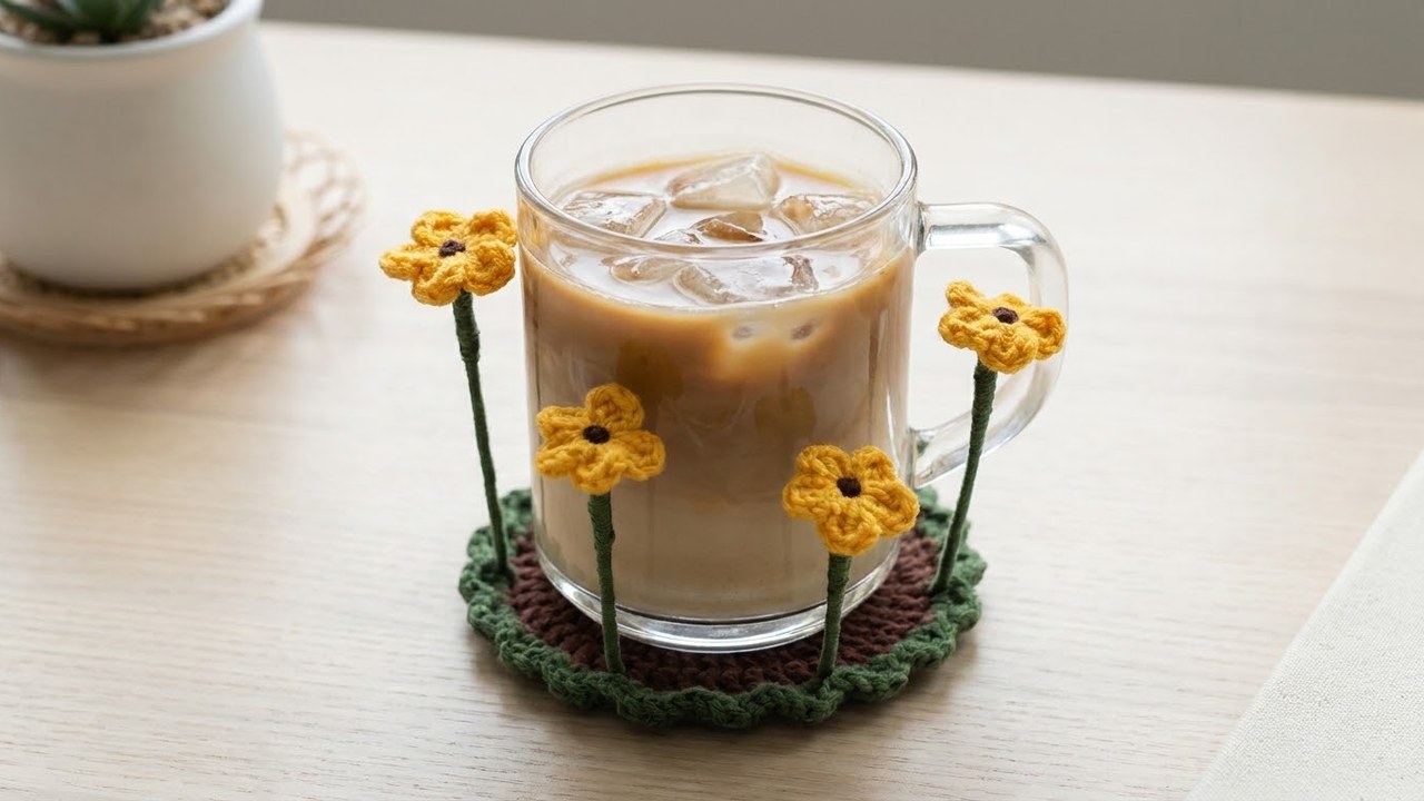 2-tier Sunflower Pop-Up Coaster blooming 90 degrees around a clear glass of iced oat-milk latte