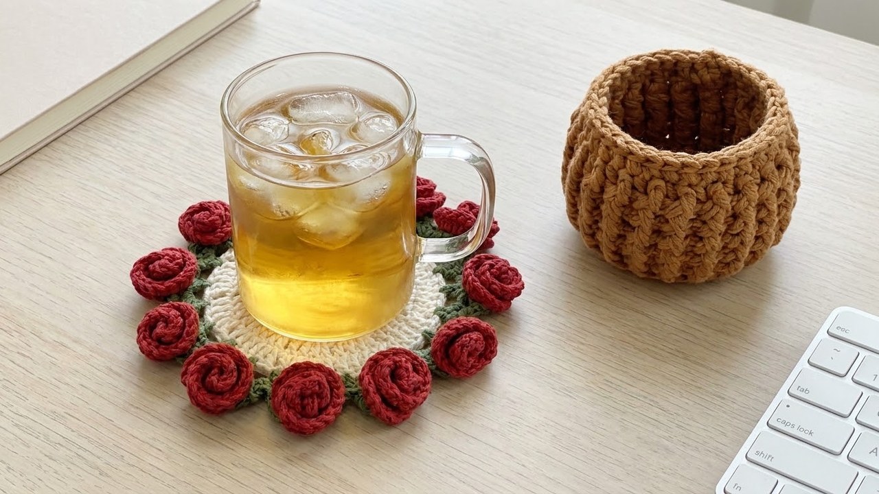 Clear glass of iced tea resting on the flat 12-rose coaster beside the crocheted pot